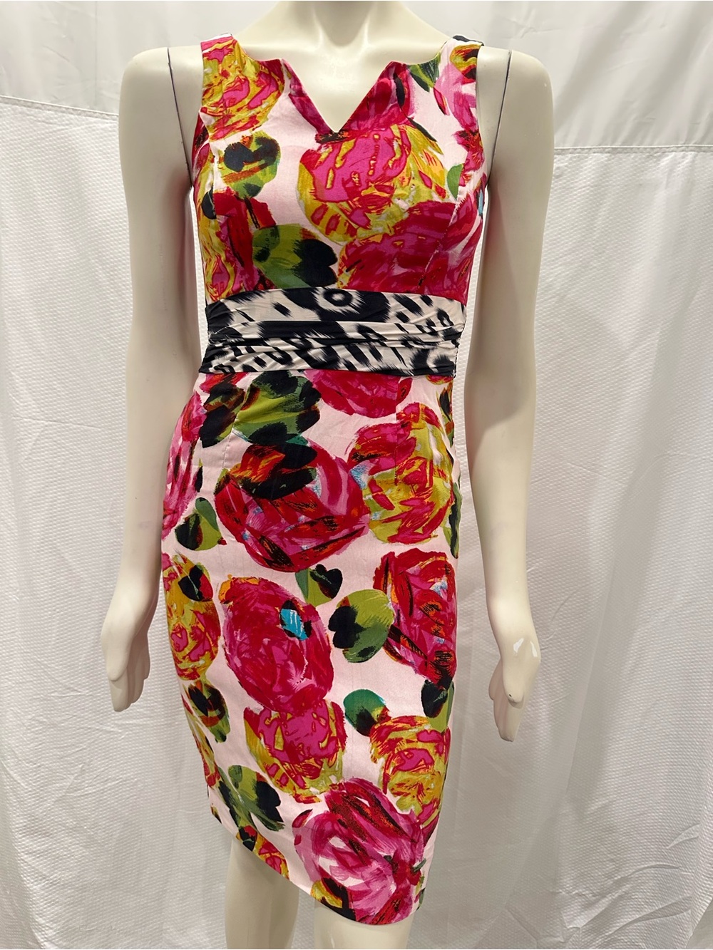 Taylor Pink Floral Sheath Dress with Animal Print Waistband Silk Size 2